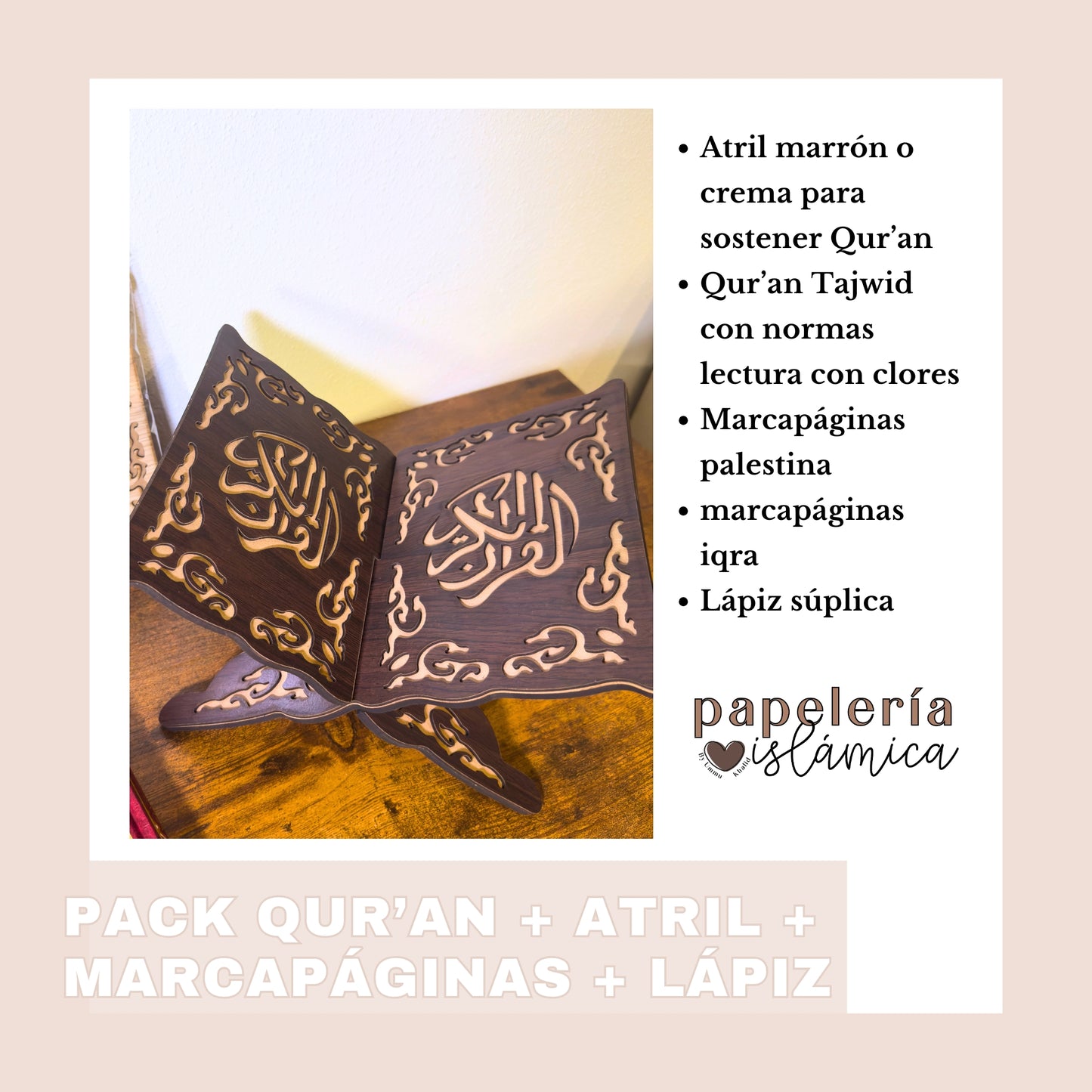 PACK QUR'AN + ATRIL + MARCAPÁGINAS + LÁPIZ