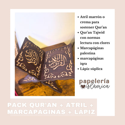 PACK QUR'AN + ATRIL + MARCAPÁGINAS + LÁPIZ
