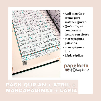 PACK QUR'AN + ATRIL + MARCAPÁGINAS + LÁPIZ