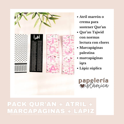 PACK QUR'AN + ATRIL + MARCAPÁGINAS + LÁPIZ