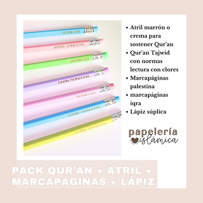 PACK QUR'AN + ATRIL + MARCAPÁGINAS + LÁPIZ