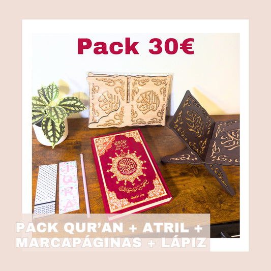 PACK QUR'AN + ATRIL + MARCAPÁGINAS + LÁPIZ